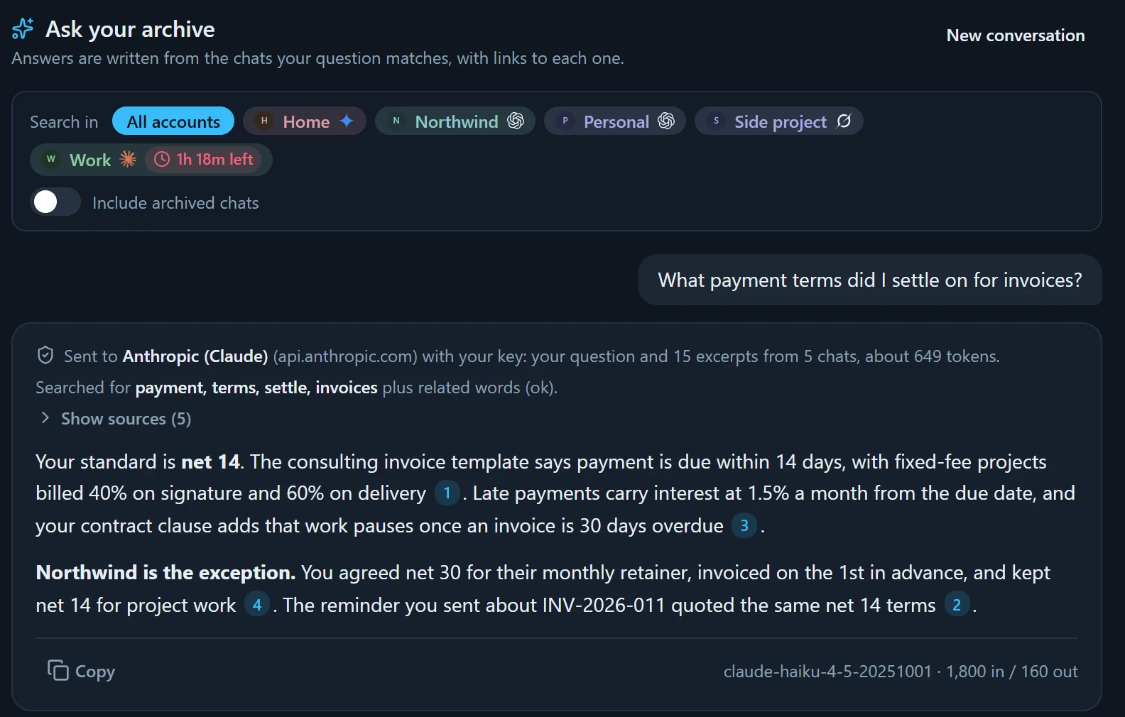 Ask Your Archive answering “What payment terms did I settle on for invoices?” from five chats in three accounts, with a numbered citation after each claim.