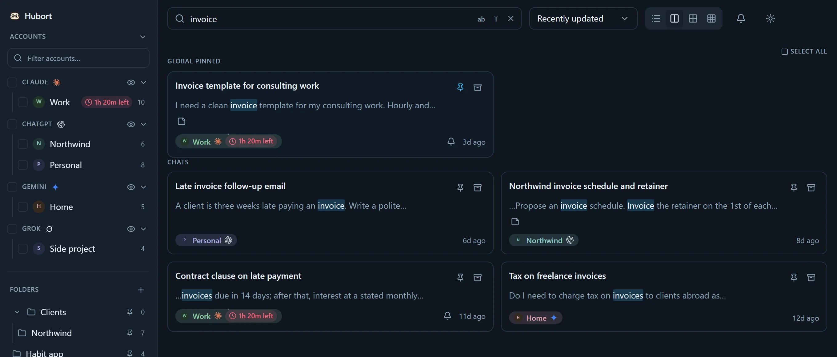 Hubort's dashboard: one search for “invoice”, with results from four accounts: Work on Claude, Personal and Northwind on ChatGPT, and Home on Gemini, each in its own colour.