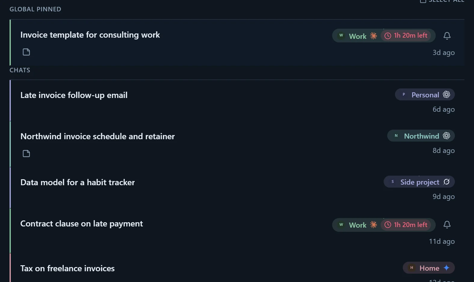 Chats from the Work account marked “1h 20m left” until its Claude limit resets, each with a reminder bell.